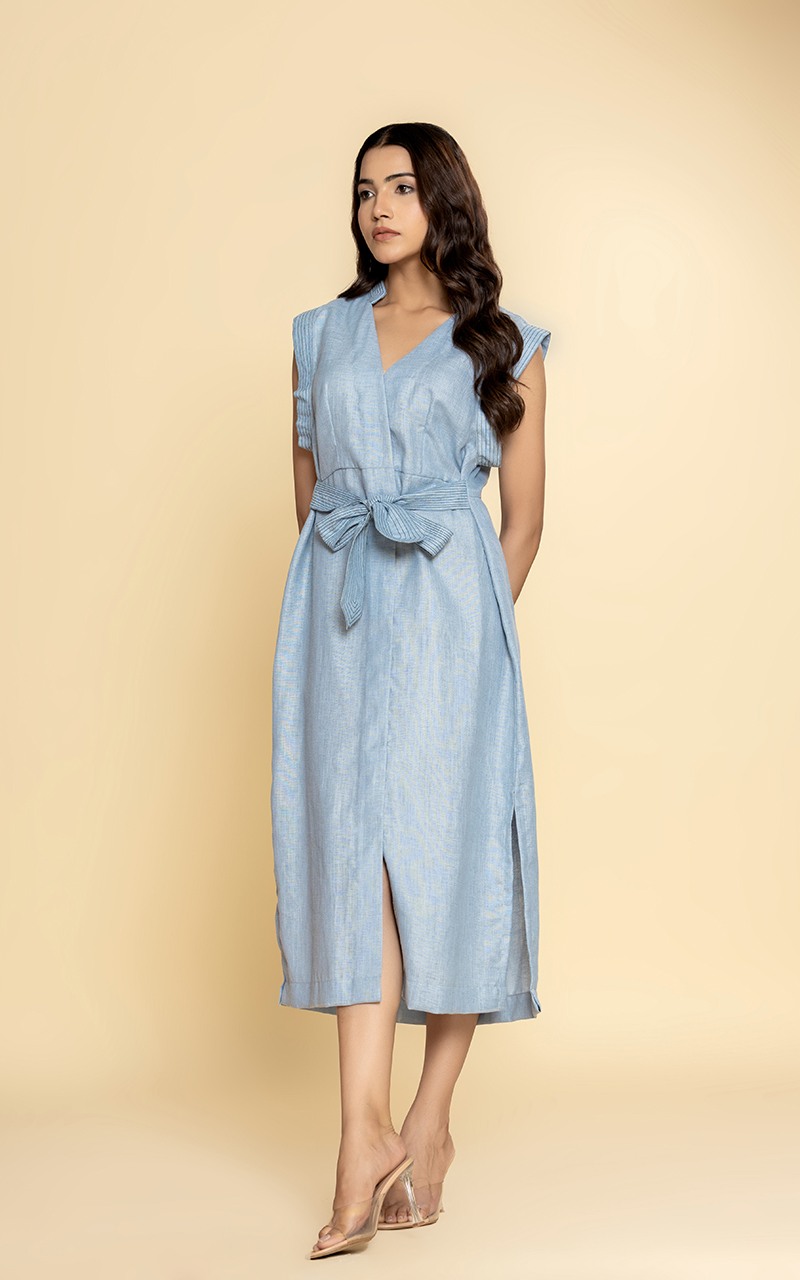 Ice blue linen dress with a front tie up