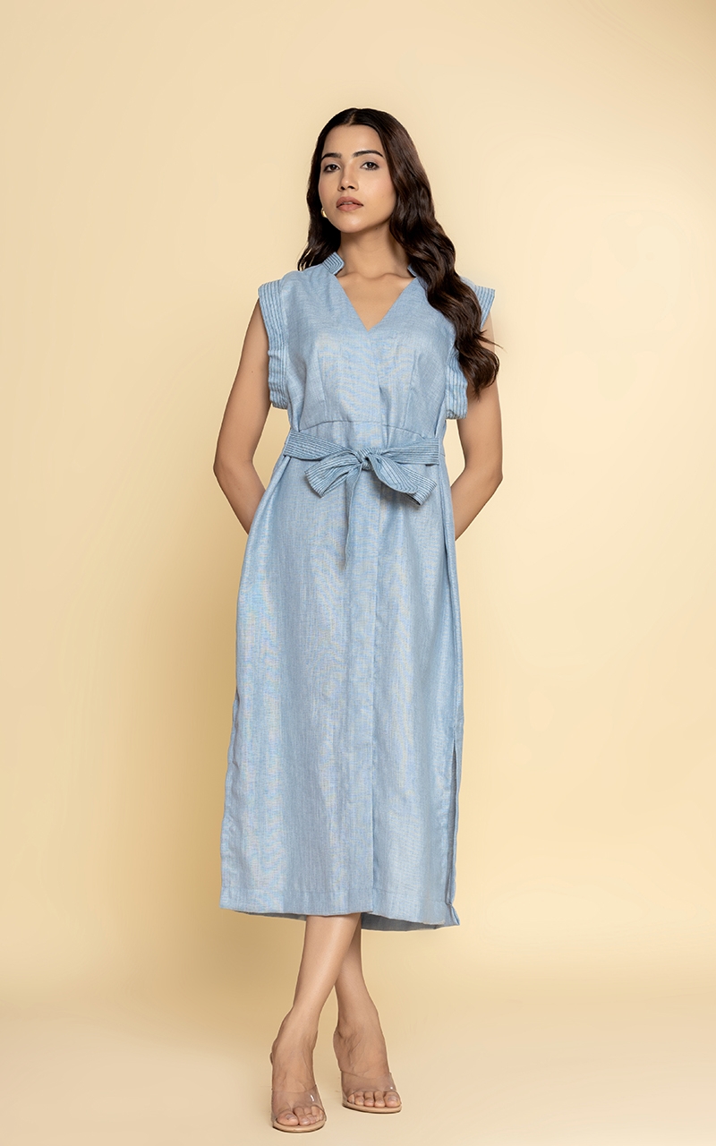 Ice blue linen dress with a front tie up