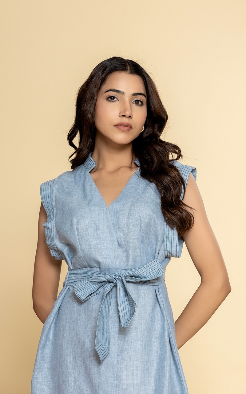 Ice blue linen dress with a front tie up