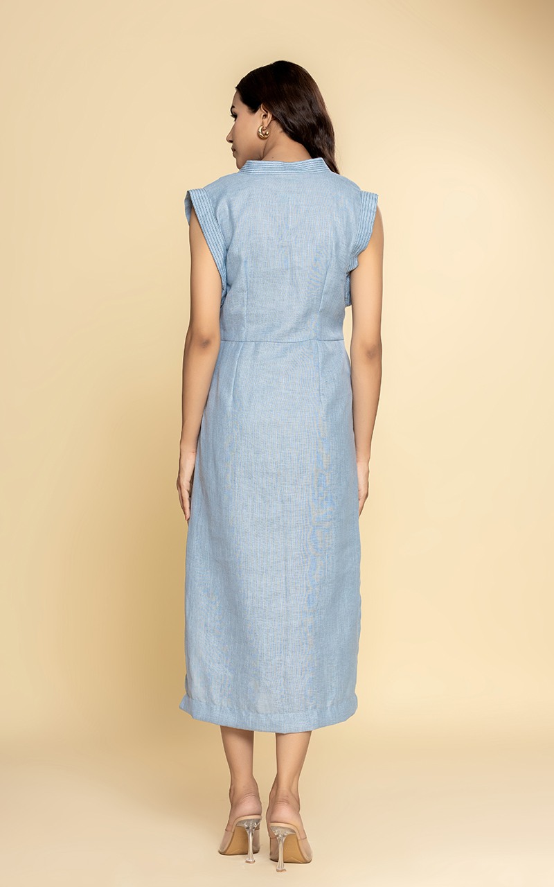 Ice blue linen dress with a front tie up