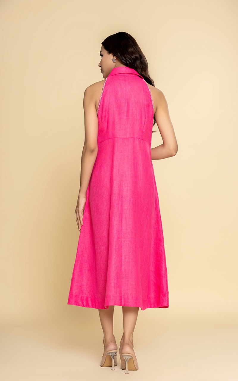 Pink linen deep sleeveless dress