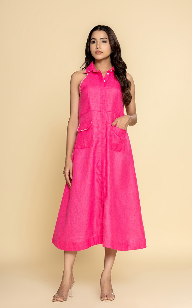Pink linen deep sleeveless dress