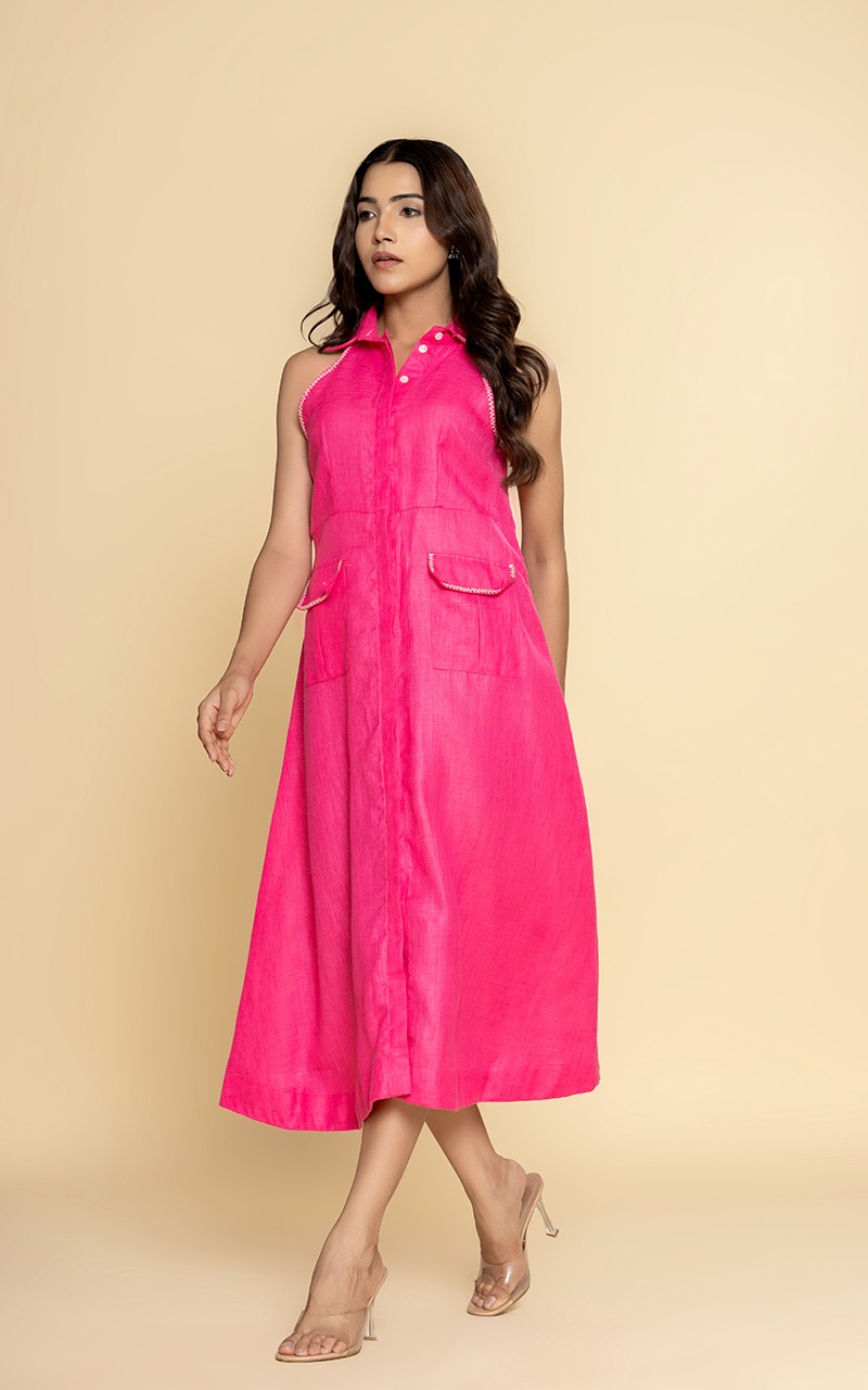 Pink linen deep sleeveless dress