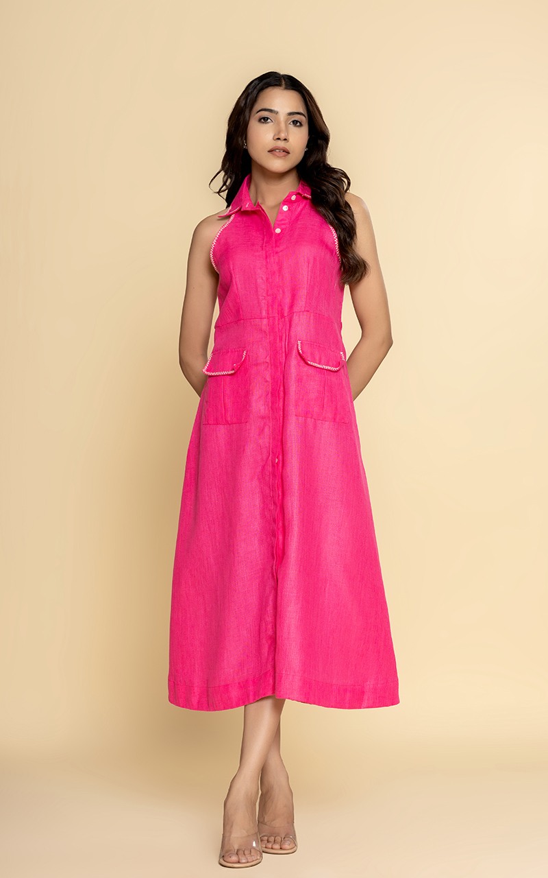 Pink linen deep sleeveless dress