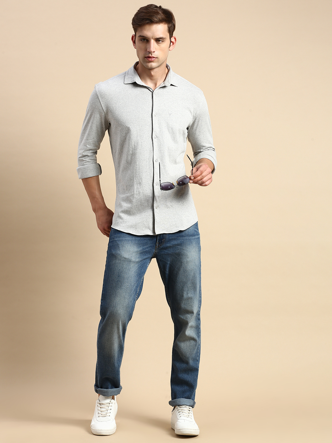 SHOWOFF Men's Spread Collar Solid Grey Melange Slim Fit Shirt