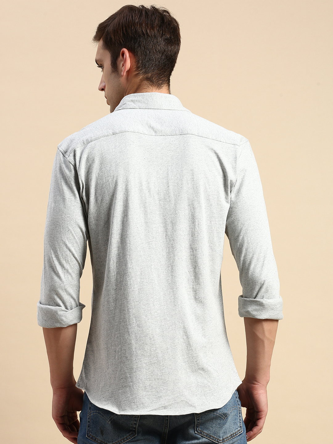 SHOWOFF Men's Spread Collar Solid Grey Melange Slim Fit Shirt