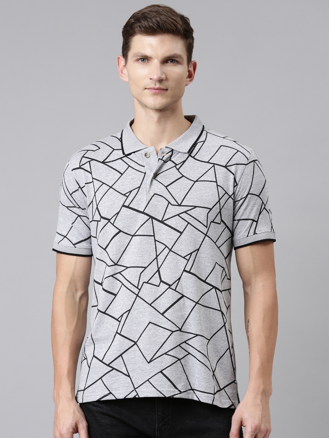 Kryptic | Men's Grey Cotton Geometrical Polos 0