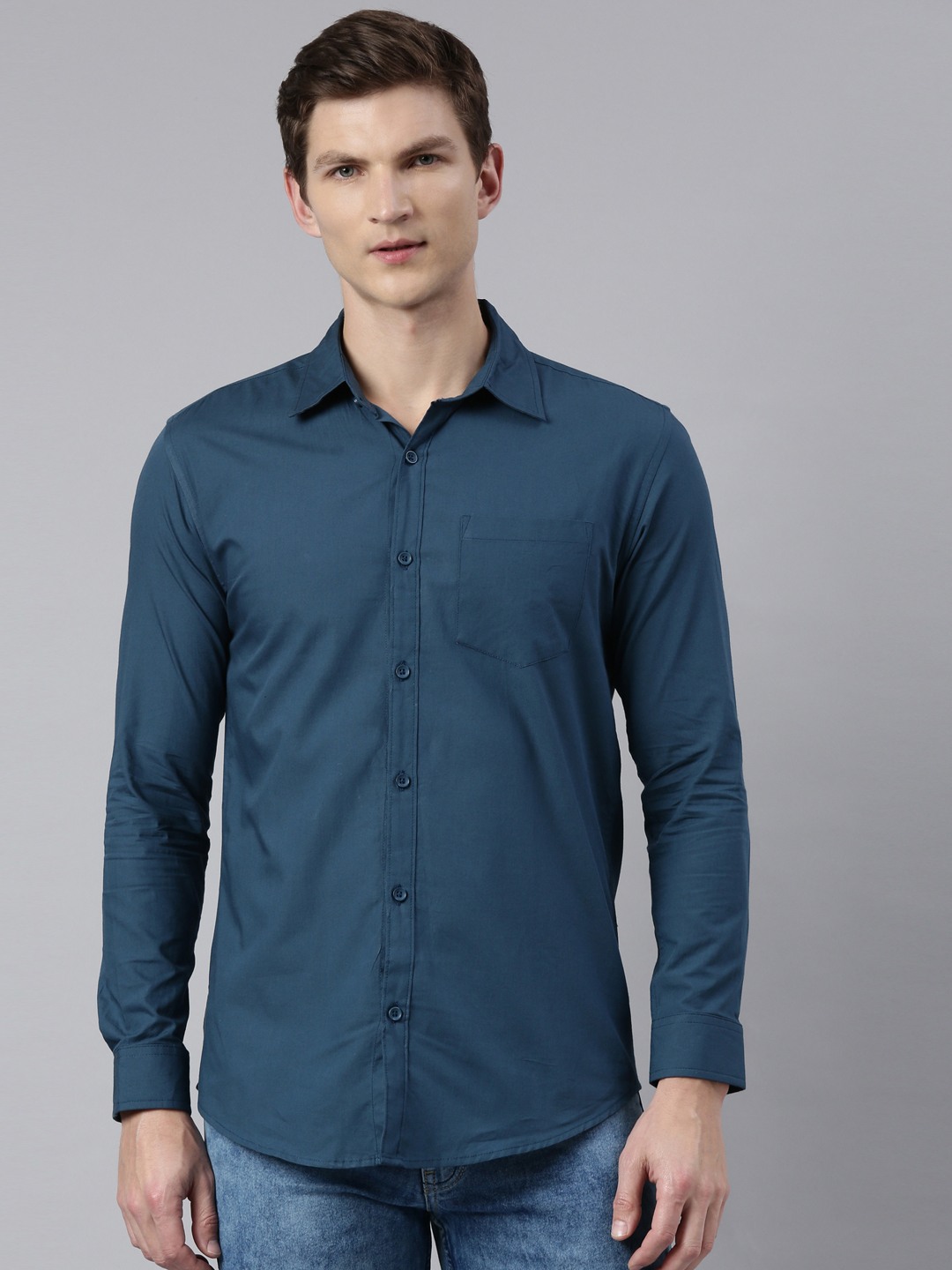 Men's Blue Cotton Solid Formal Shirts