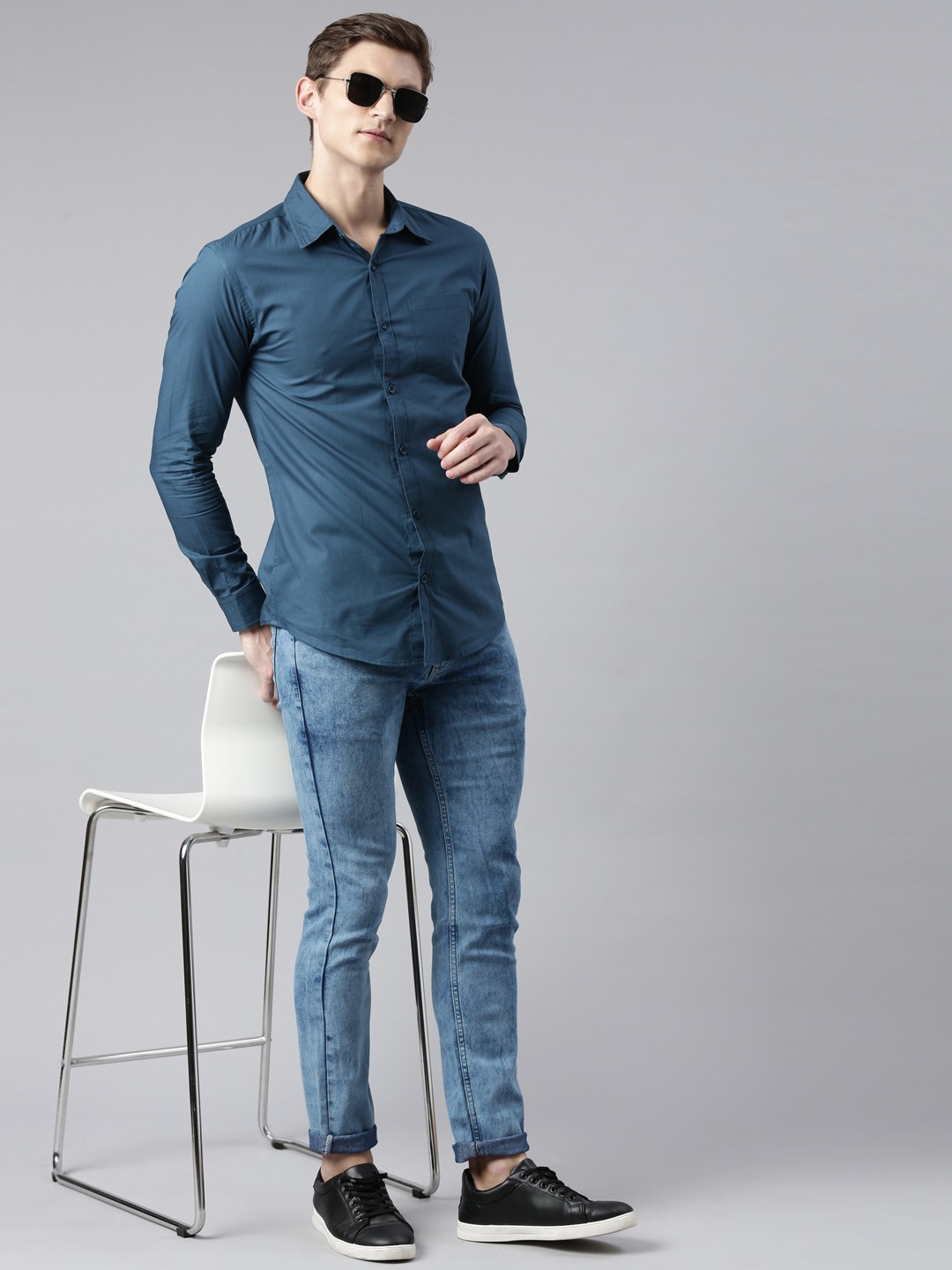 Men's Blue Cotton Solid Formal Shirts