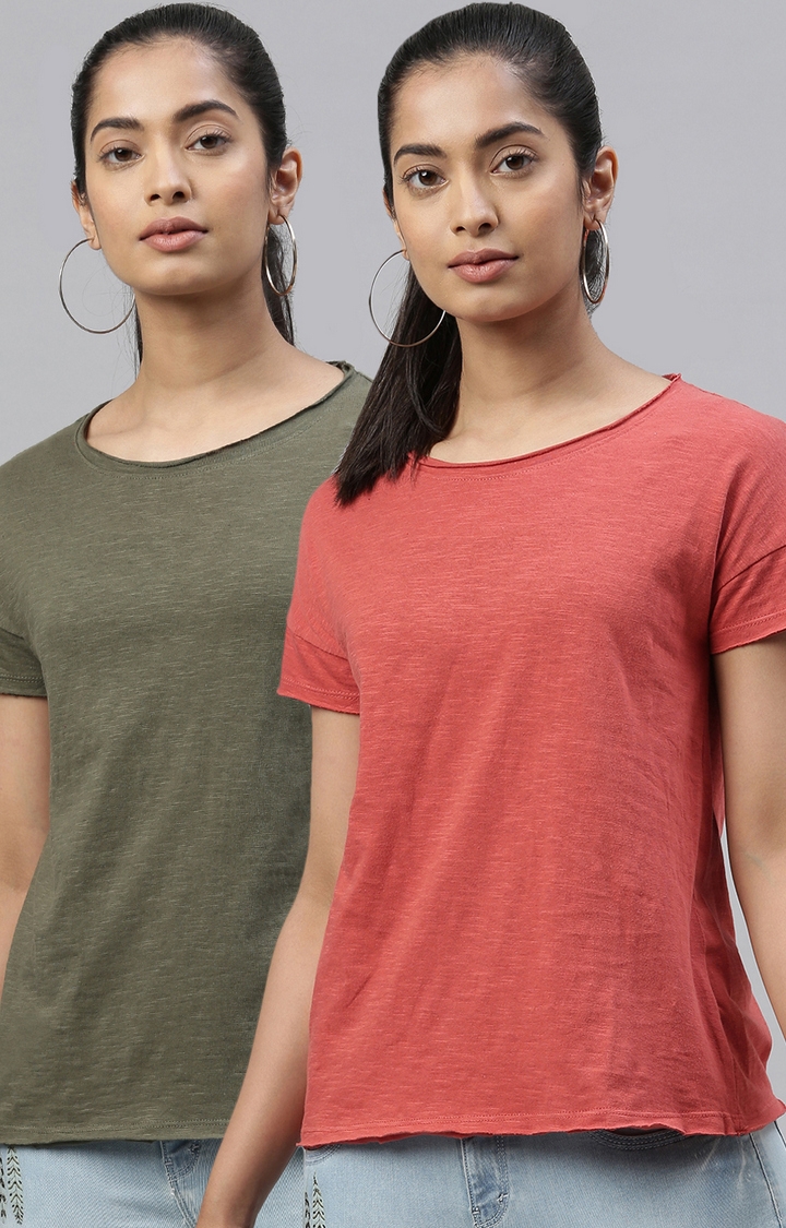 Kryptic | Olive & Red Solid T-Shirts 0