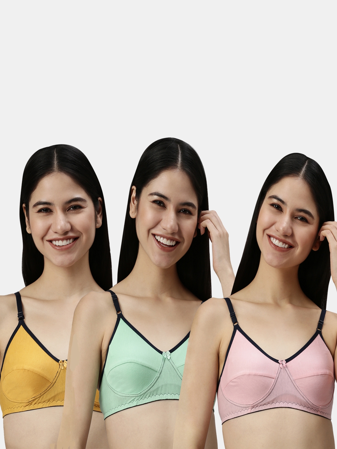 Kryptic | Kryptic womens Pack of 3 Pista green,Baby pink & Mustard 100% cotton solid   Non- padded bra  0