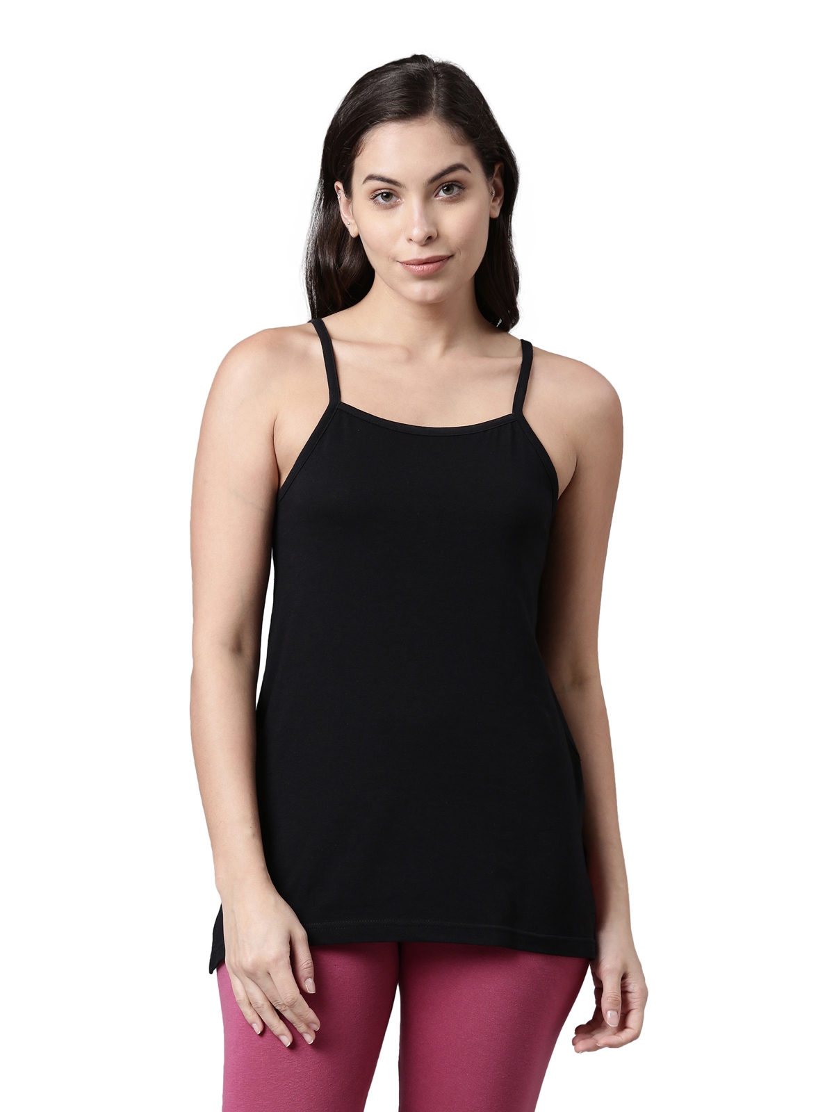 Kryptic | Kryptic Womens cotton Black solid long camisole with adjustable straps 0
