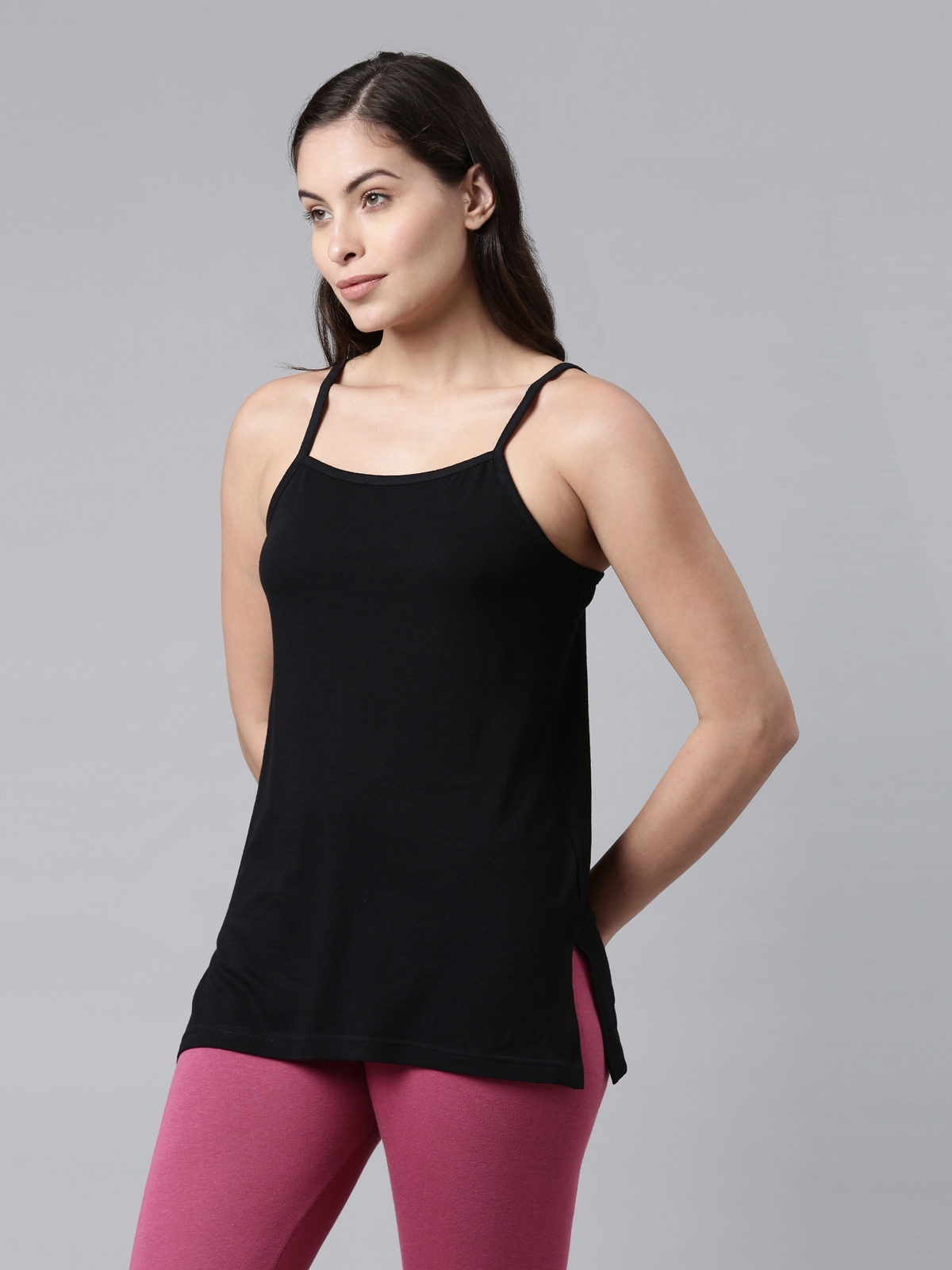 Kryptic | Kryptic Womens cotton Black solid long camisole with adjustable straps 2