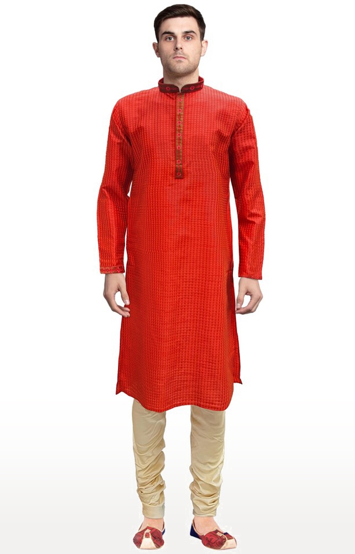 Sreemant | Sreemant Blended Silk Woven Red Kurta for Men 0