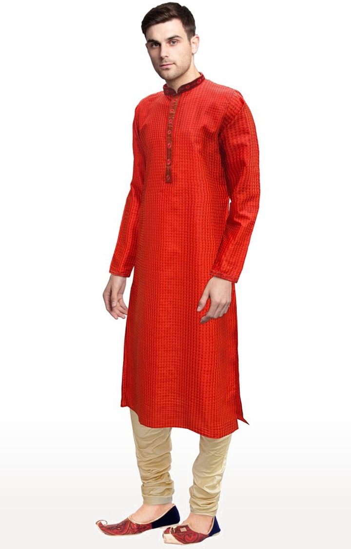 Sreemant | Sreemant Blended Silk Woven Red Kurta for Men 1