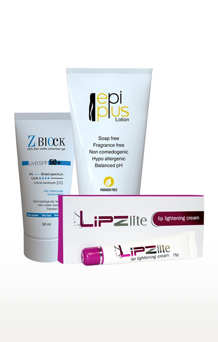 EMM | Sensitive Skincare Kit : Epiplus Lotion 100ml, Zblock Sunscreen 50ml, And Lipzlite Lightening Cream 15gm 0