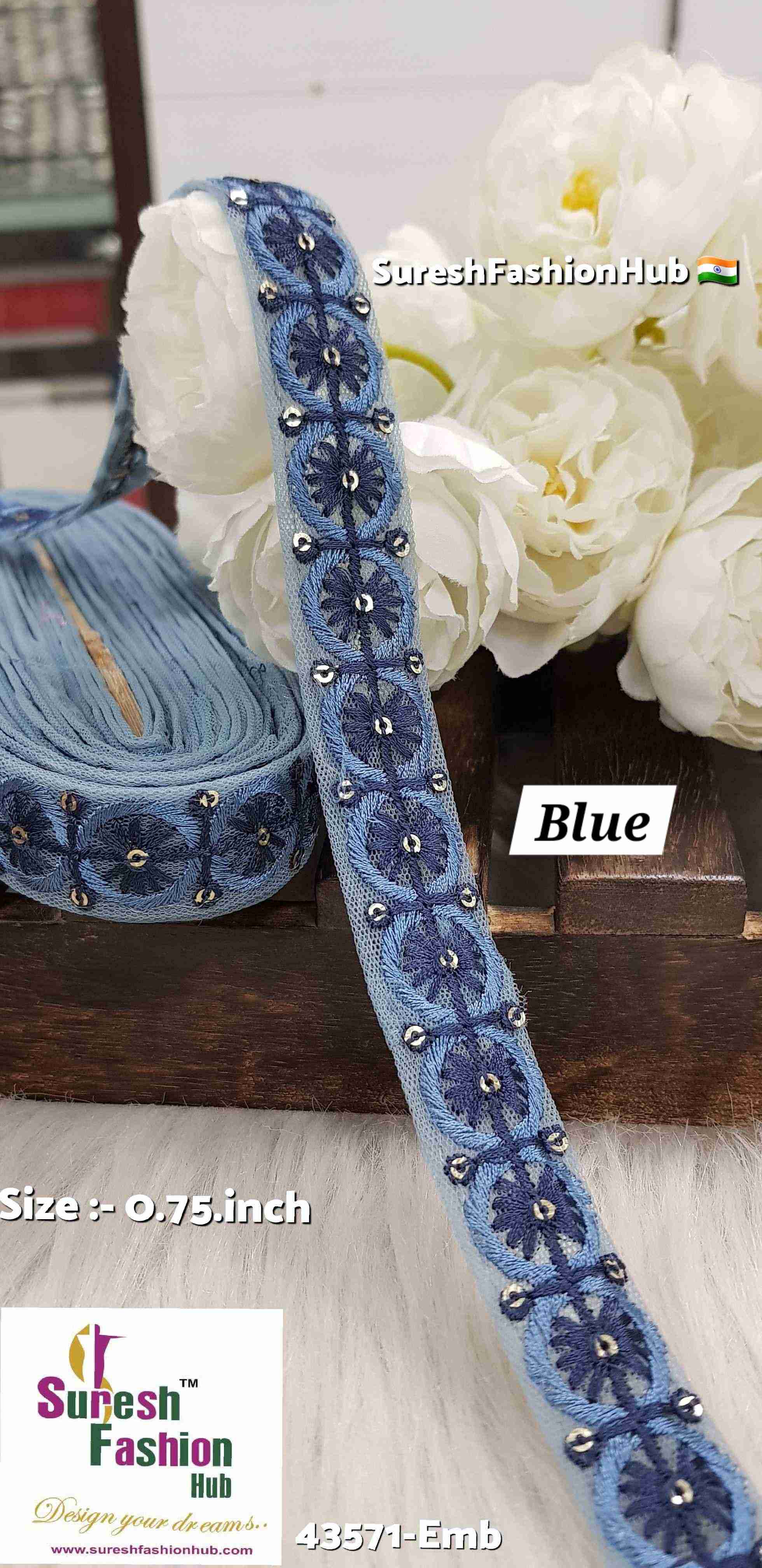 Blue Color Floral Circles Embroidery Lace