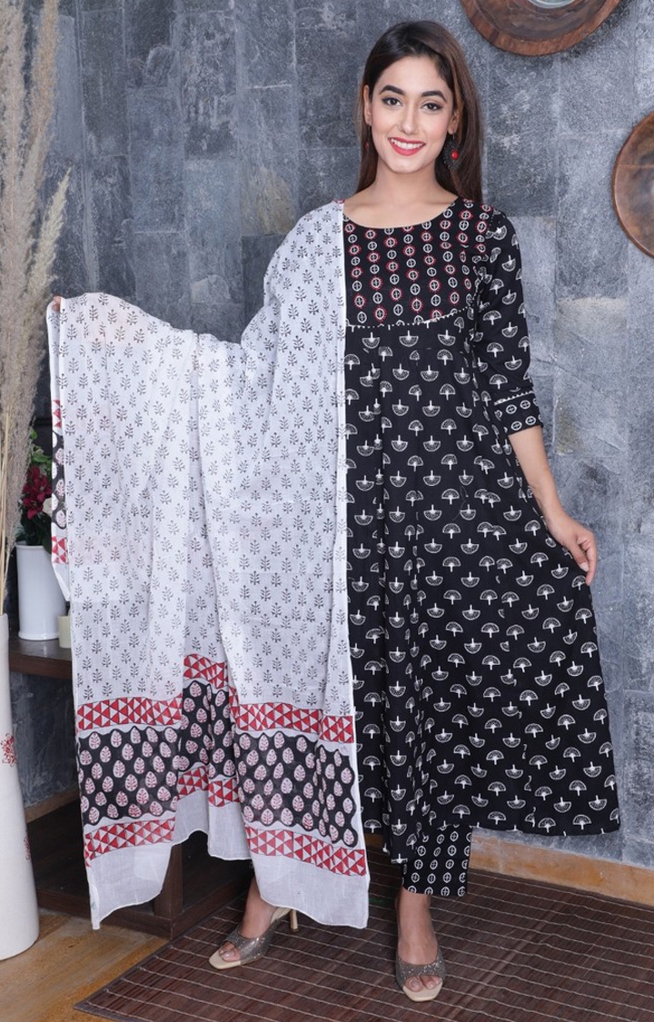 JAGURO | Stylish Stitched Rayon Women's Anarkali Black Kurti Pant with Malmal Dupatta Set  0