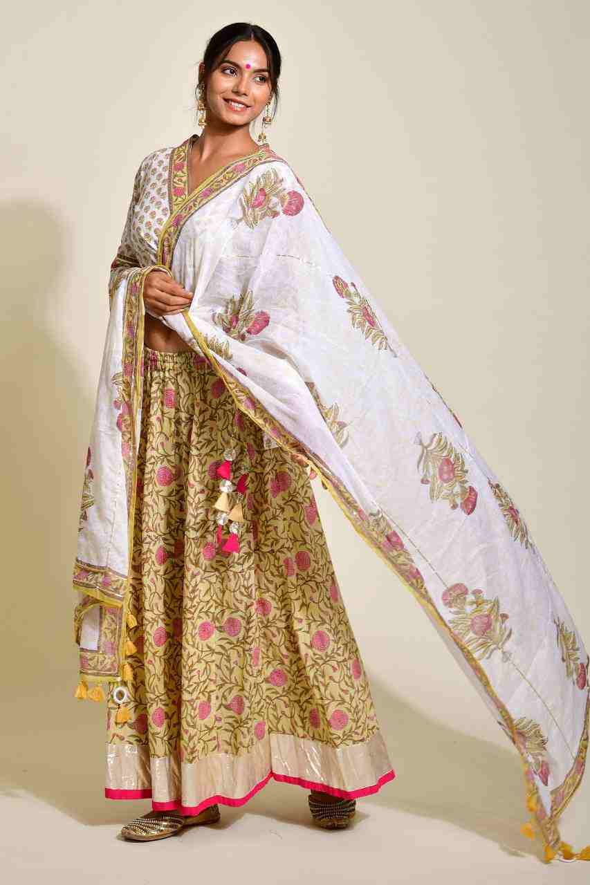 Naksh Yellow and Pink Skirt, Top, Dupatta (Set ot 3)