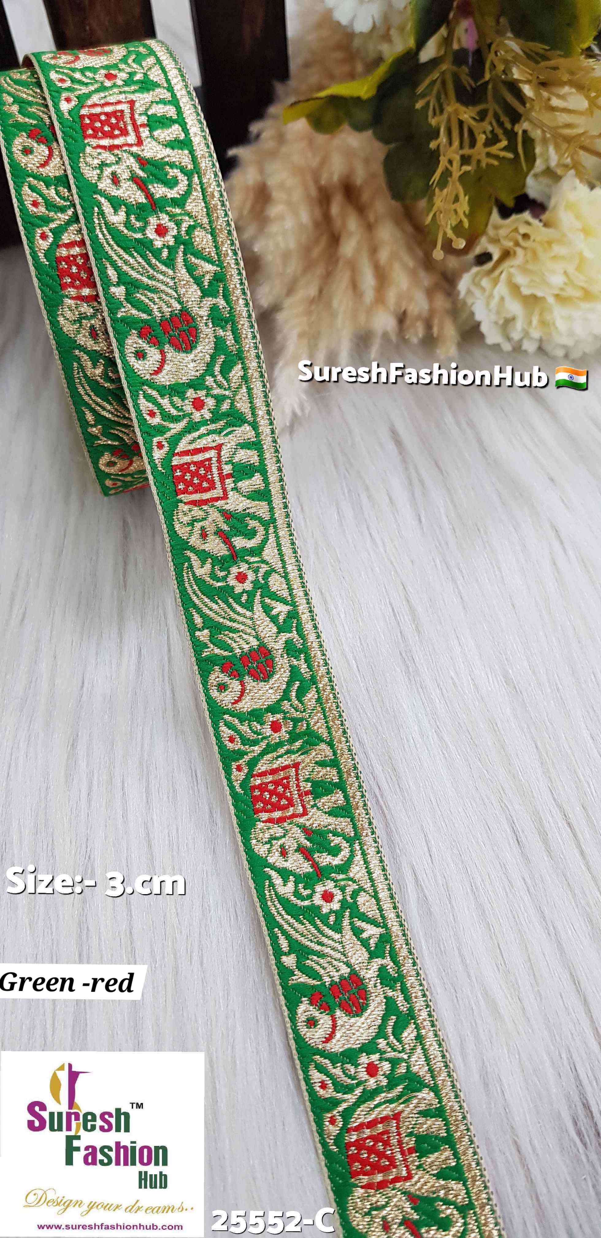 Green & Red Color Elephant Parrot Banarasi Lace