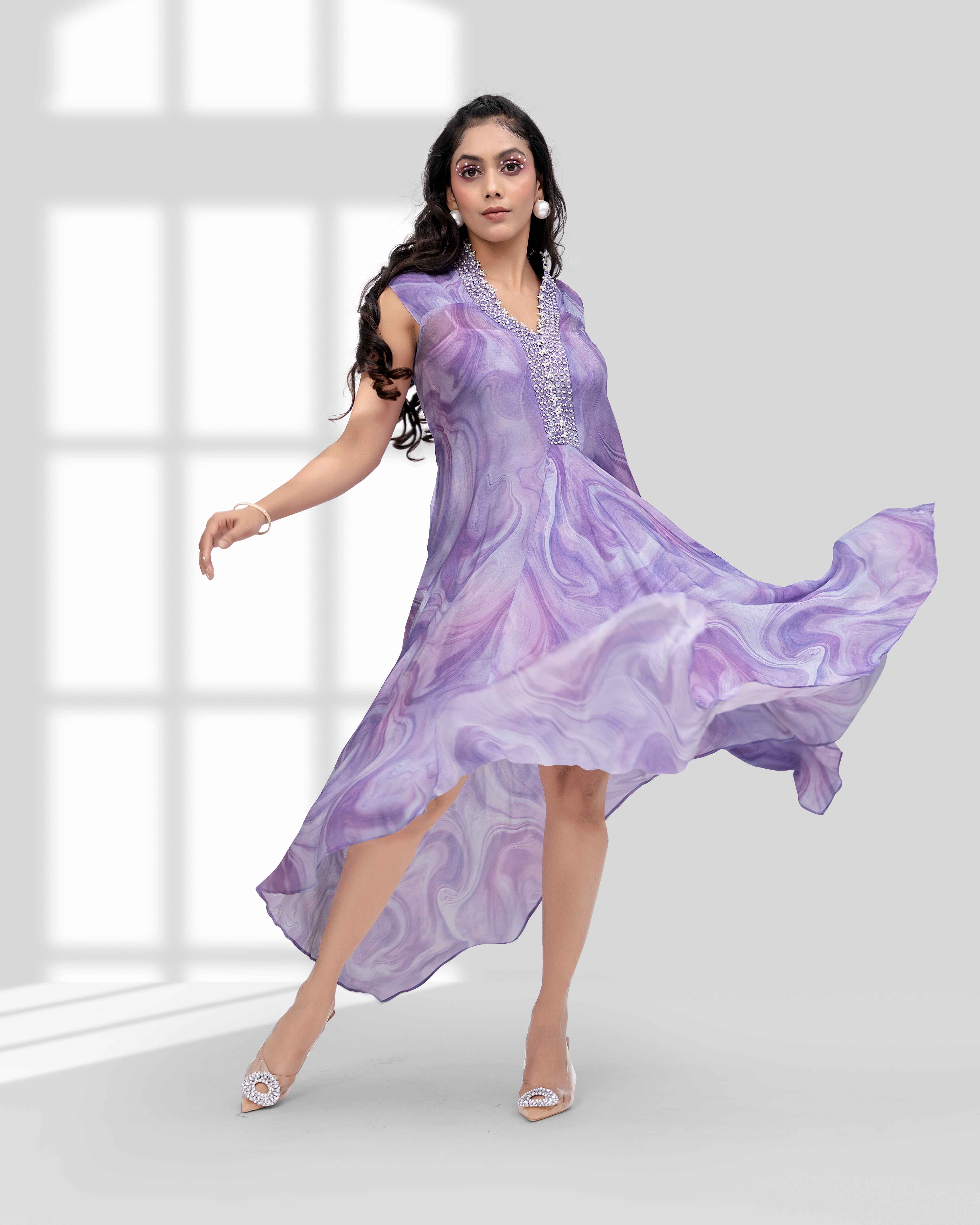 Lilac Embellished Marbling Drape Dress