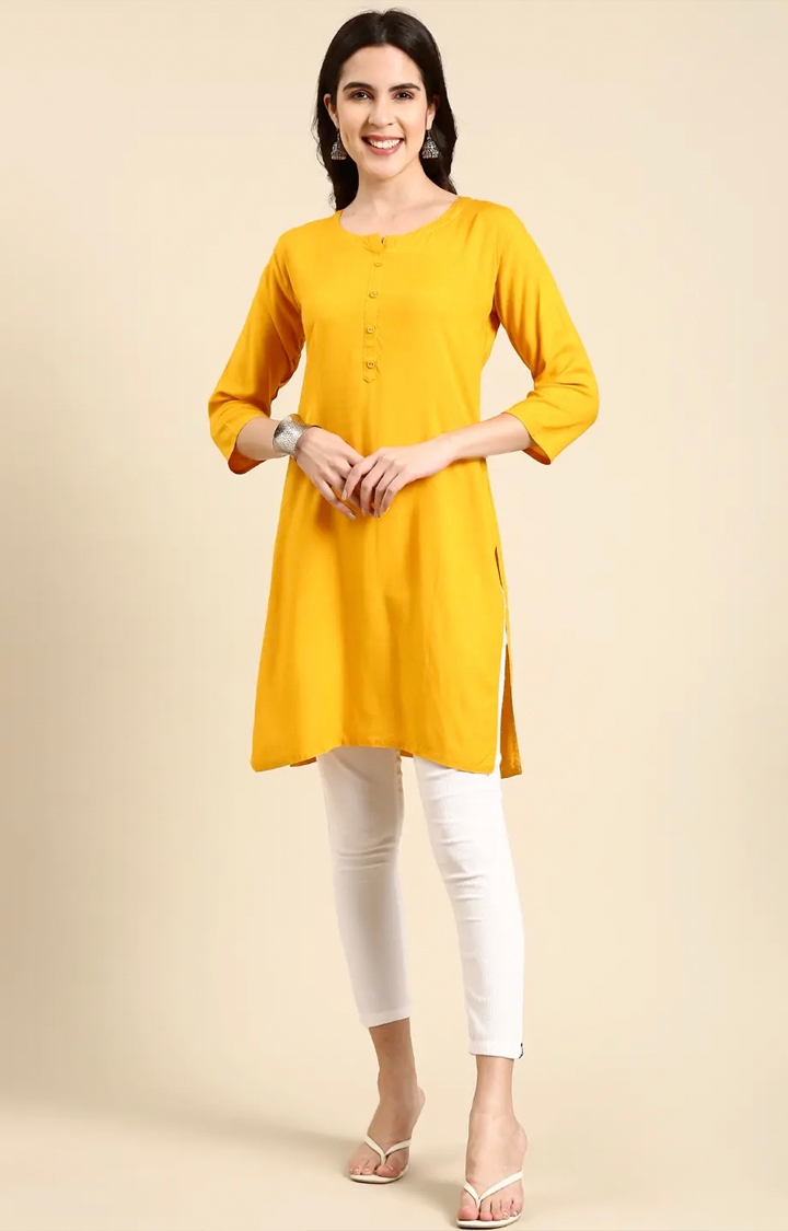 Showoff | SHOWOFF Women's Above Knee Solid Straight Yellow Kurti 0