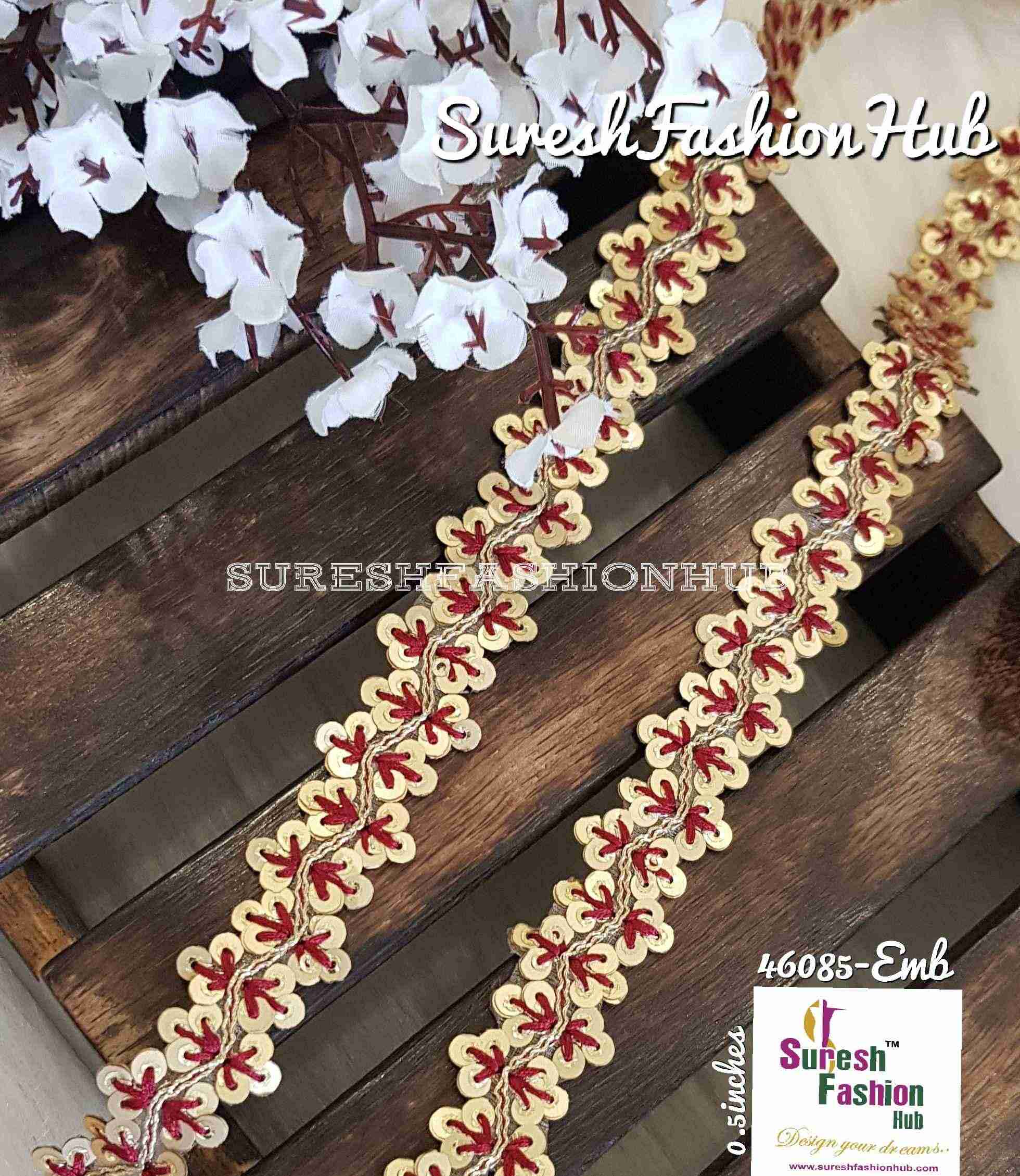 Sequence Maroon Thread Embroidered Leaves Designer Trim