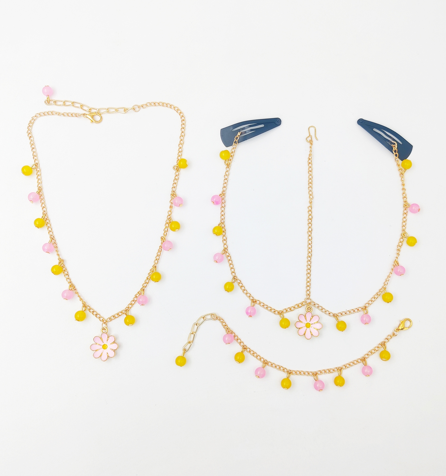 Gulbahar Charmed Necklace, Bracelet & Head Chain Set - Pink, Yellow