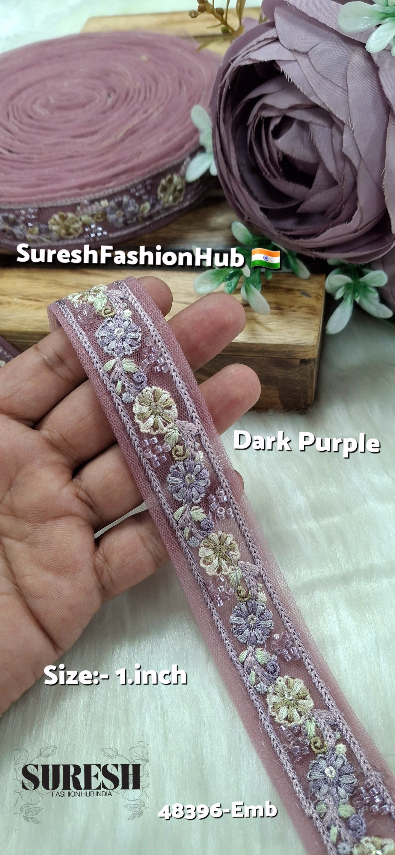 Dark Purple Multicolor Thread Bead Embroidery Lace