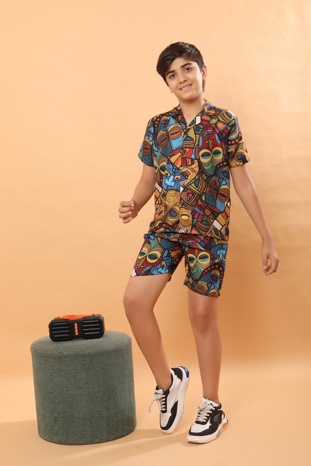 Ninos Dreams Boys Cotton Linen Rayon Halfsleeves Coord Set with Shirt & Shorts Vodoo Print- Brown