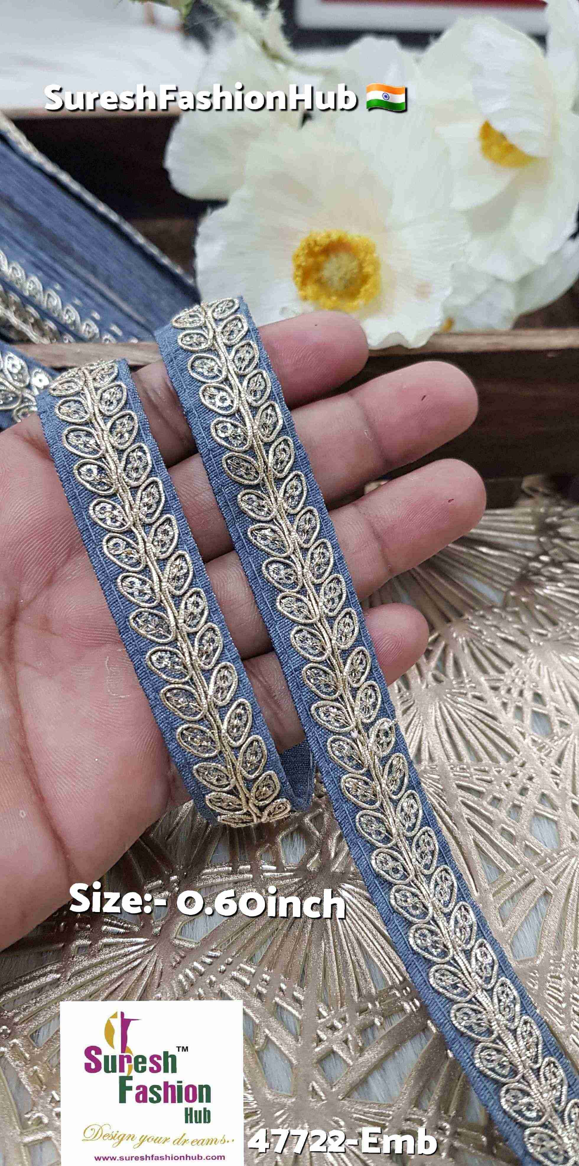 Grey Pearl Leaf Embroidered Border