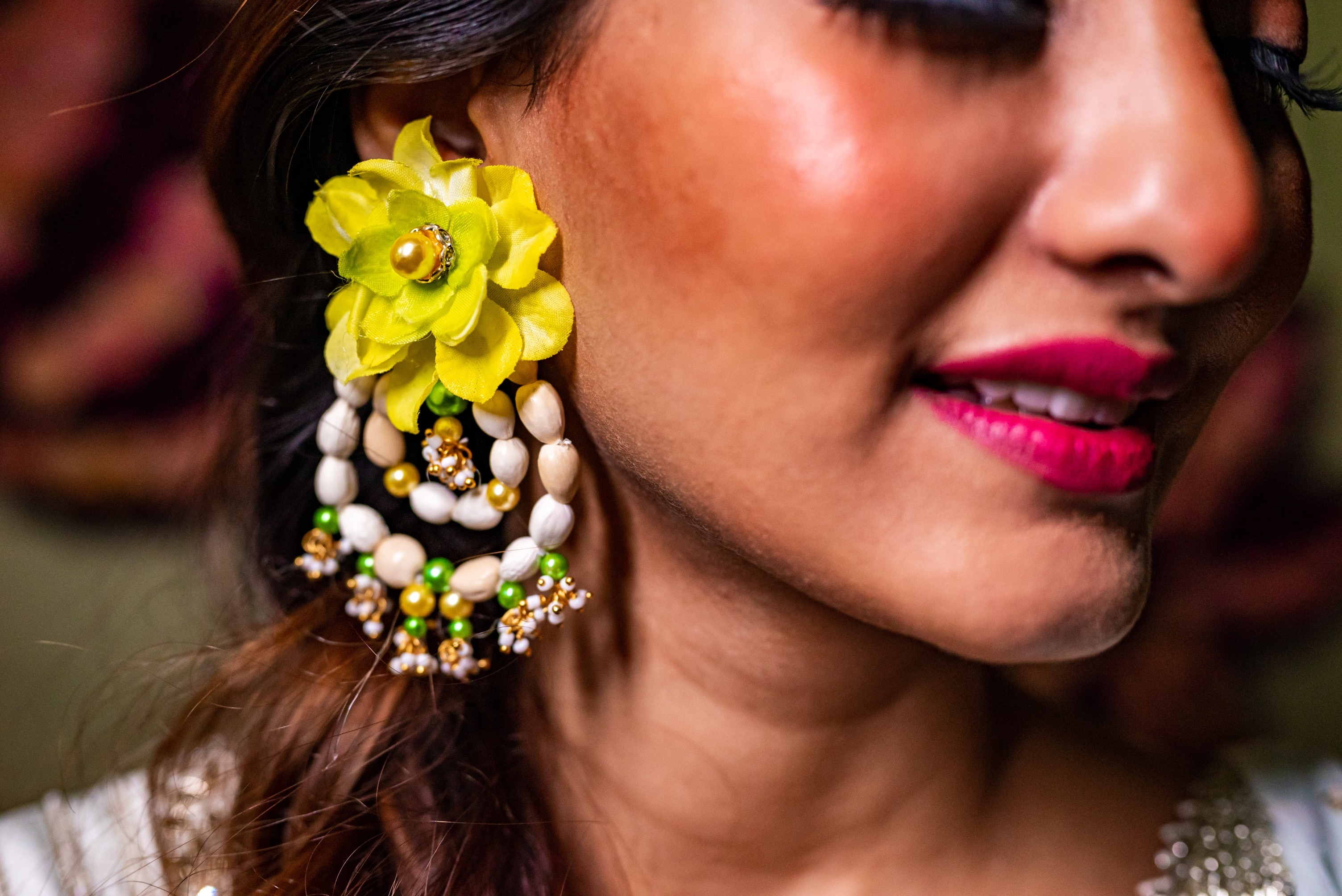 Floral art | Lime Green white Bead Work earing  for Women undefined