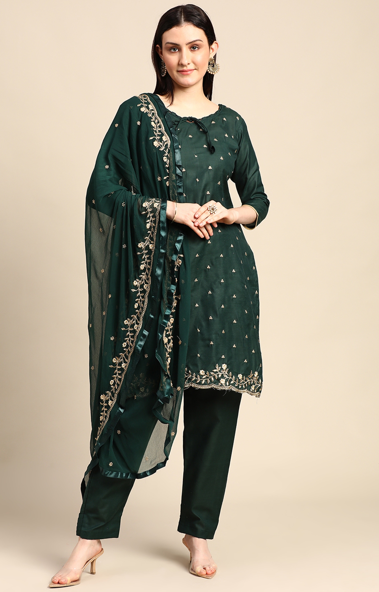 Shaily Women Dark Green Color Cotton Embroidered Unstitched Dress Material-VF_MIRZA_DGRN_DM
