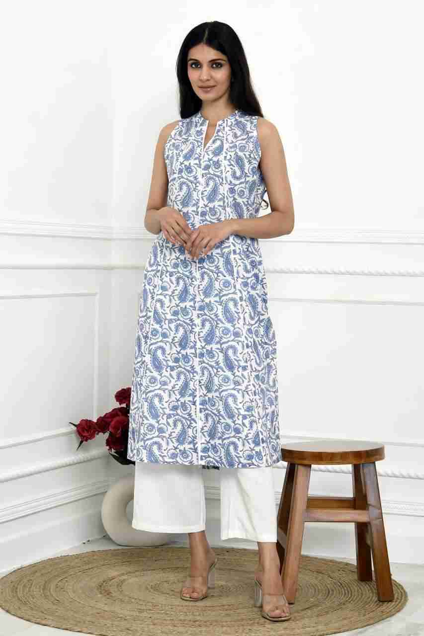 Naksh White and Blue Paisley Printed Sleeveless Kurta