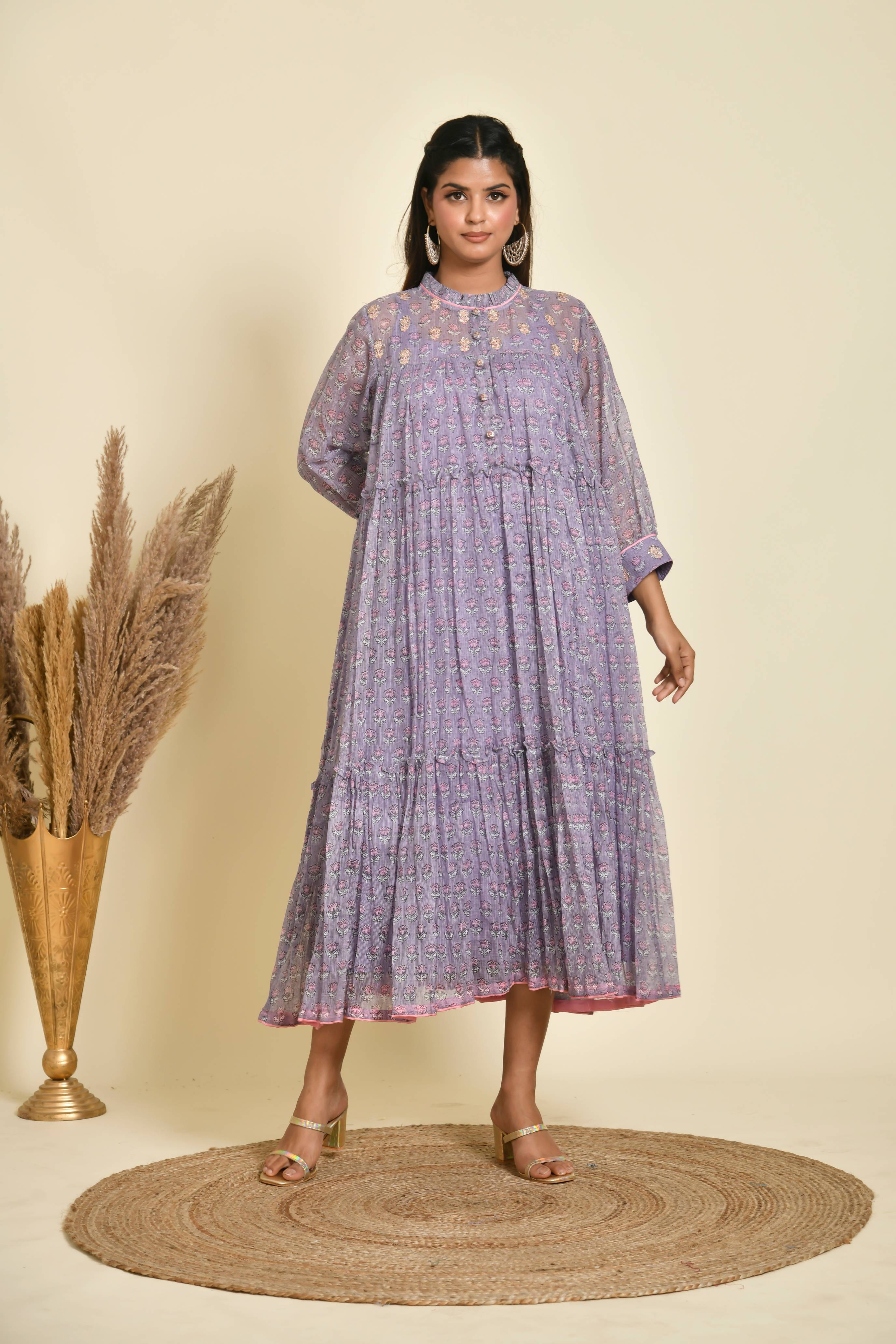 KAARAH BY KAAVYA | Purple Block Printed Kota Doriya Tiered Dress undefined