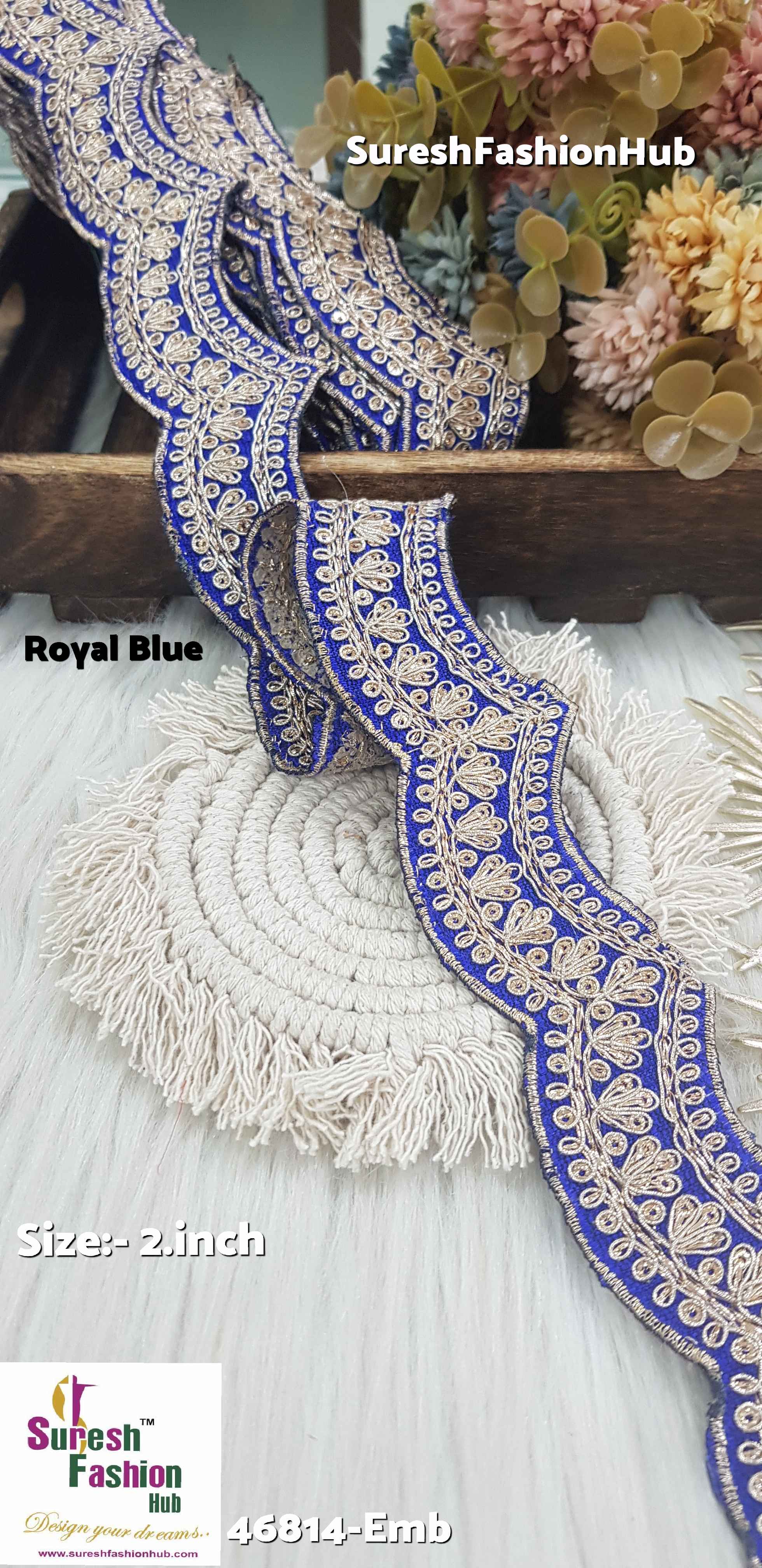 Double Scalloped Raw Silk Embroidered Royal Blue Colour Lace Roll