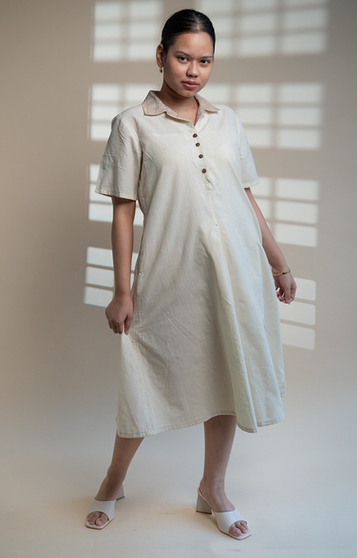 Women's White Cotton A-line Dress