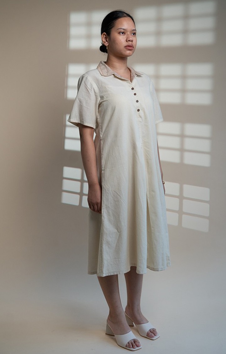 Women's White Cotton A-line Dress