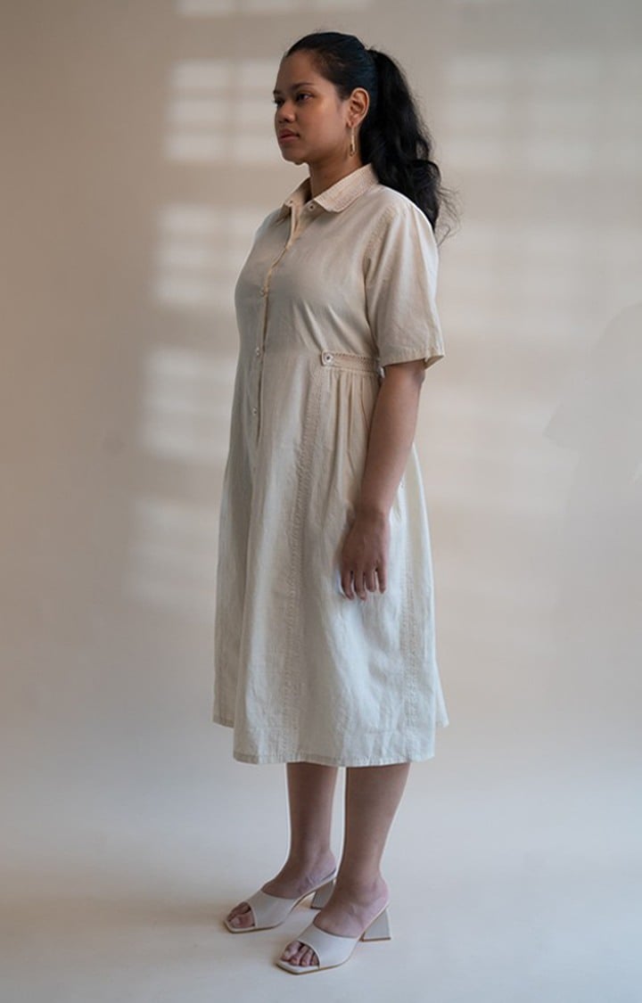 Women's Off White Cotton Shirt Dress