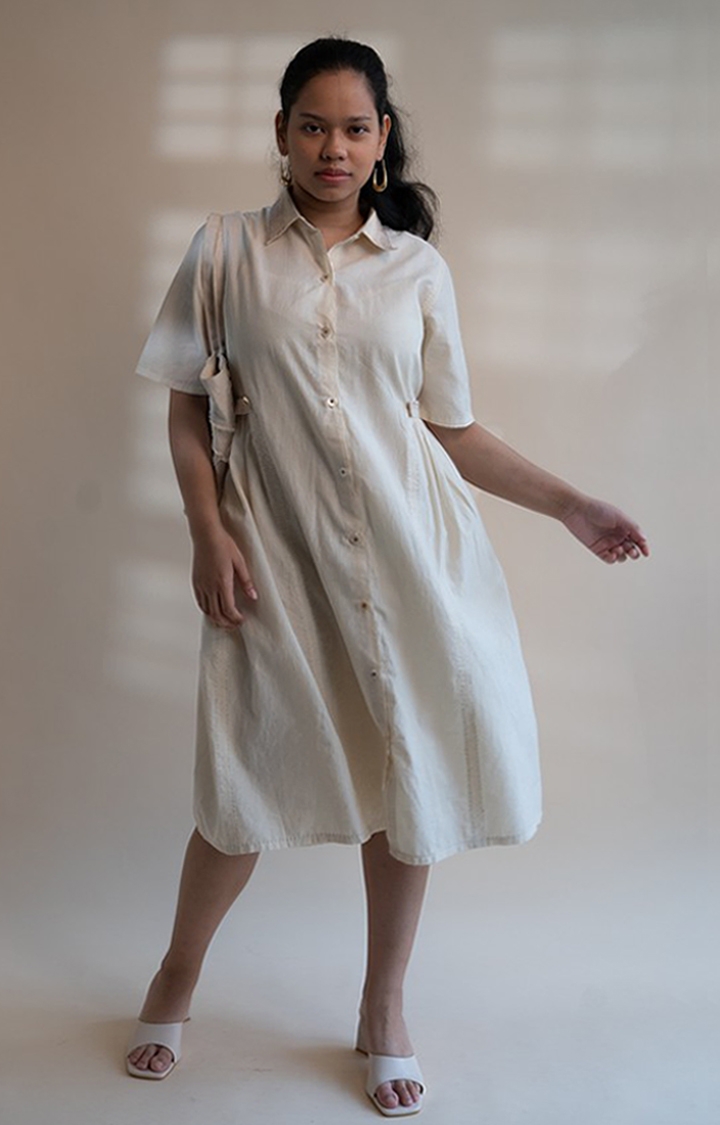 Women's Off White Cotton Shirt Dress