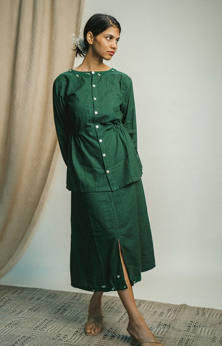 Women's Green Cotton Peplum Top