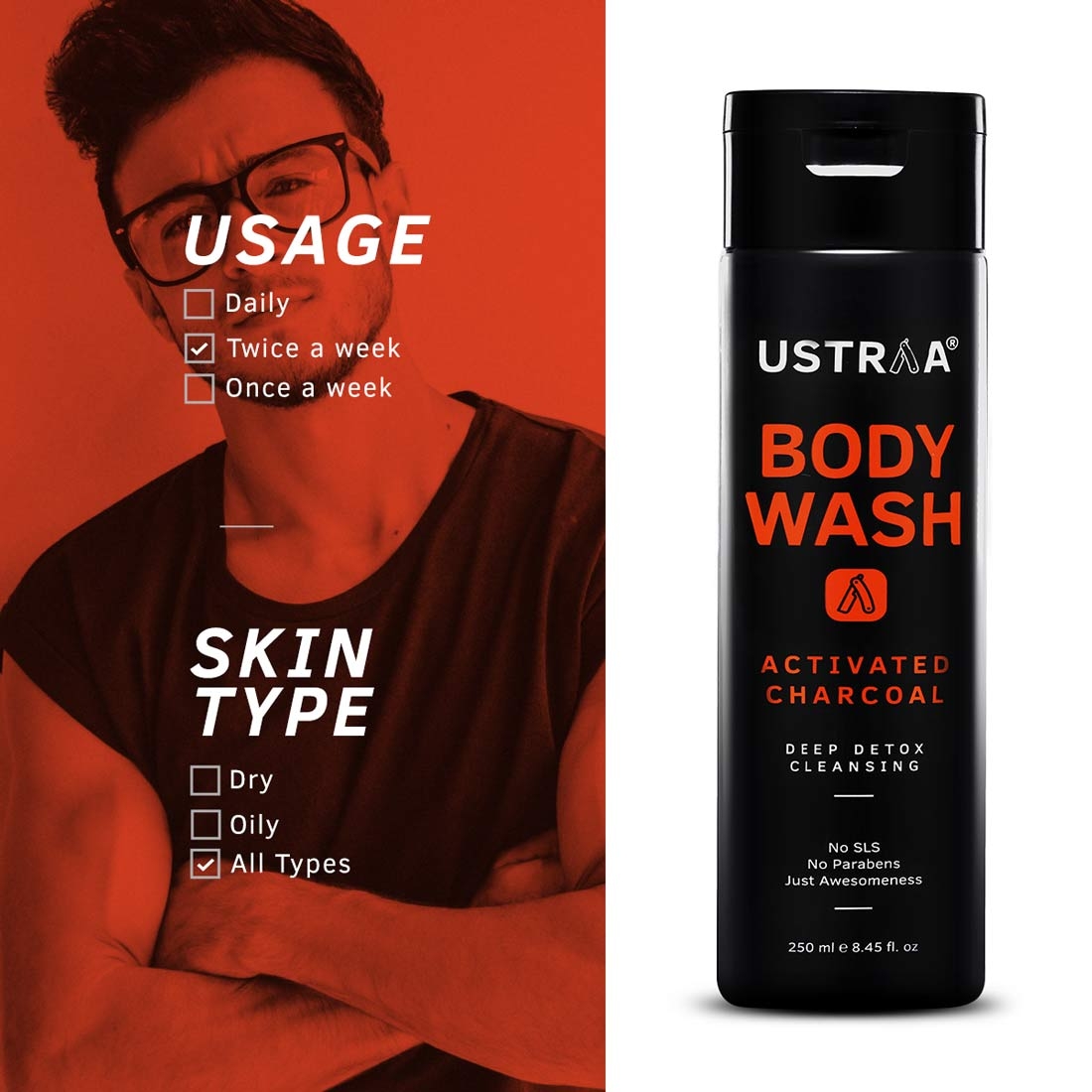 Ustraa | Ustraa Black Deodorant 150ml & Body Wash Activated Charcoal 250ml 7