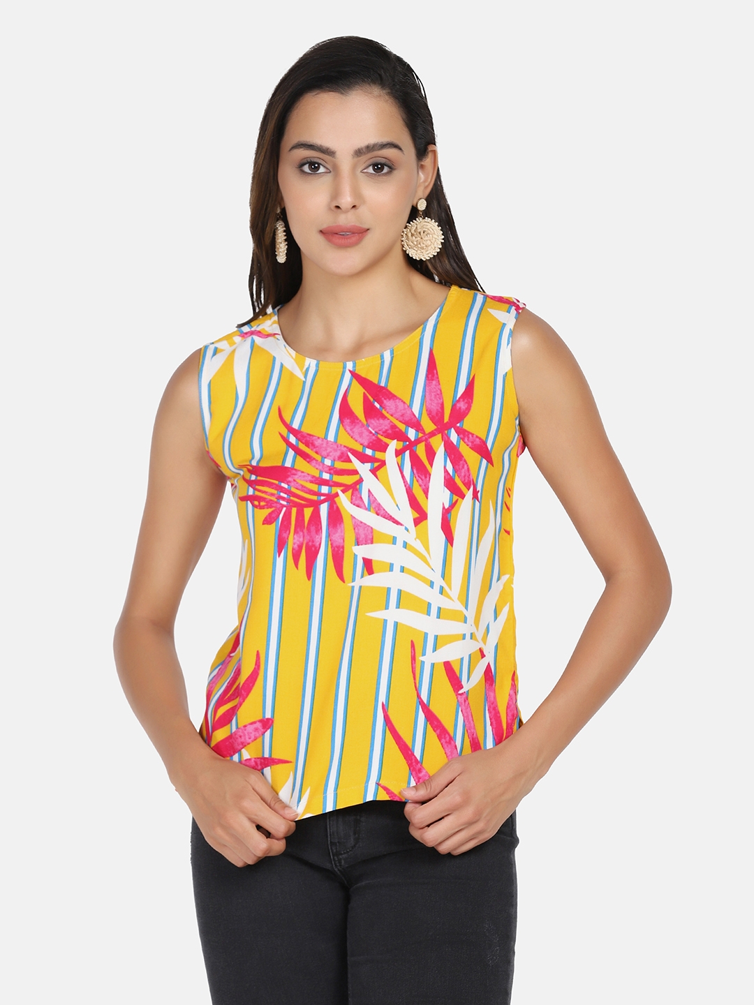Inands | Rayon Sleeveless Yellow Leaf Printed Top undefined