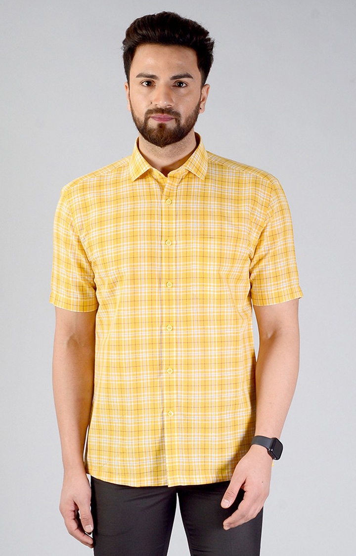 JadeBlue | Men's Yellow Linen Checked Formal Shirts 0