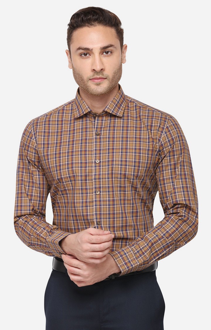 JadeBlue | Men's Brown Cotton Checked Formal Shirts 0