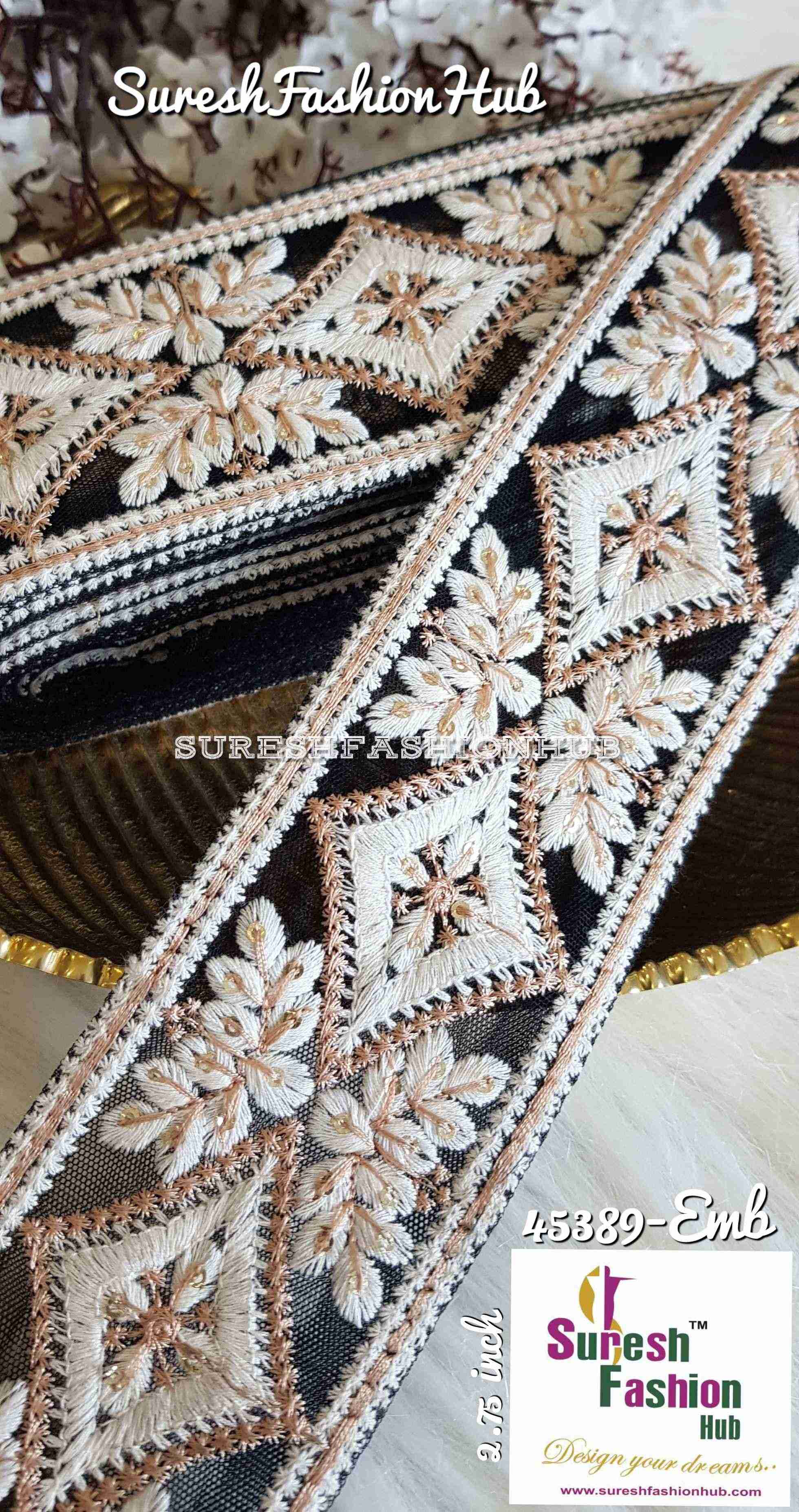 Black Obsidiam Floral Weave Embroidery Designer Trim