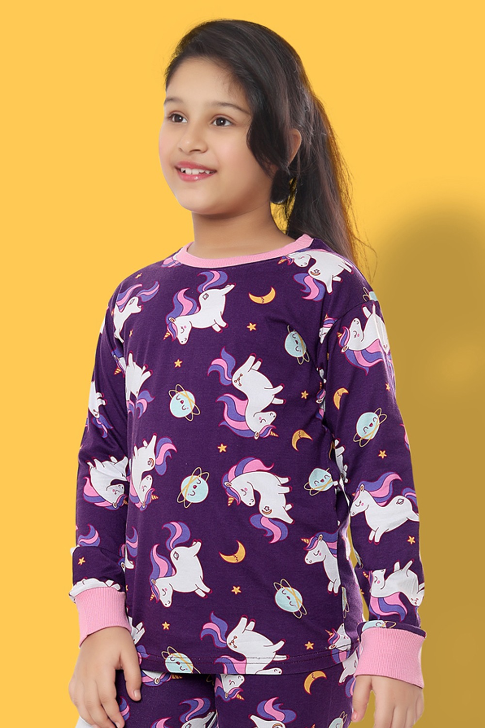 Ninos Dreams Girls Full Sleeves  Unicorn Printed Cotton Night Suit-Purple