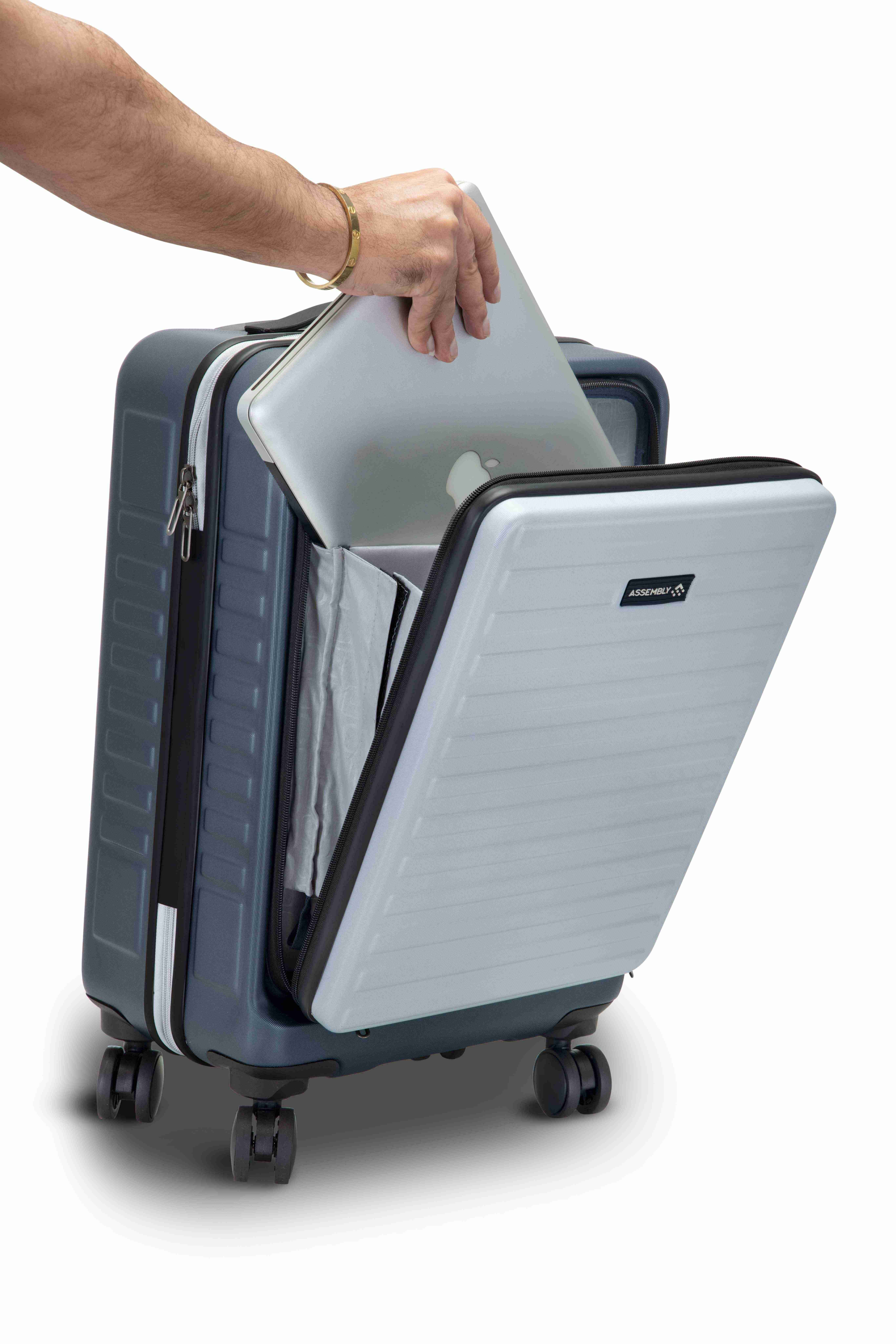 Assembly Blue and White Hardside Cabin Luggage Trolley Bag