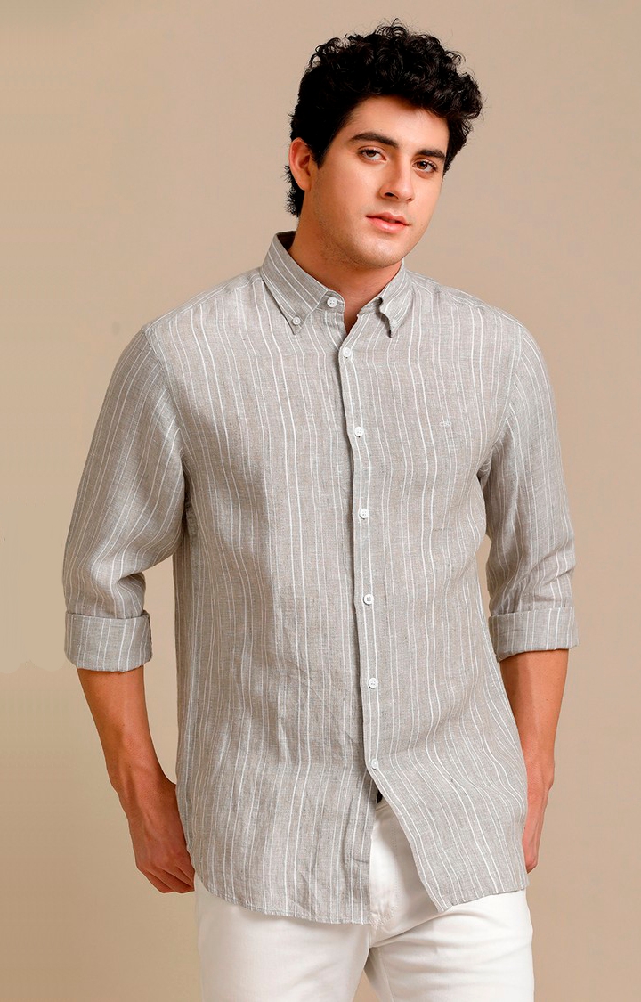 Men's Grey Linen Striped Casual Shirt