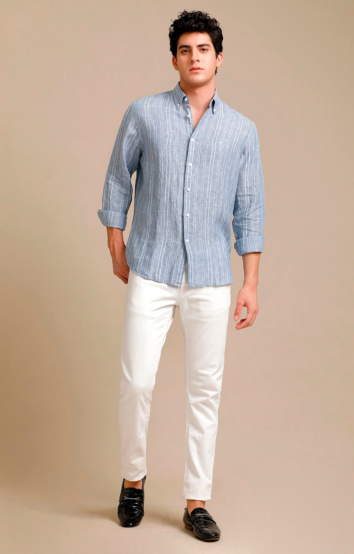 Men's Blue Linen Striped Casual Shirt
